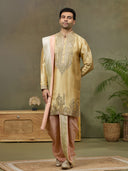 Gold Tissue Silk Zari & Mirror Work Kurta Set with Peach Dhoti & Dupatta