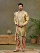 Gold Tissue Silk Zari & Mirror Work Kurta Set with Peach Dhoti & Dupatta