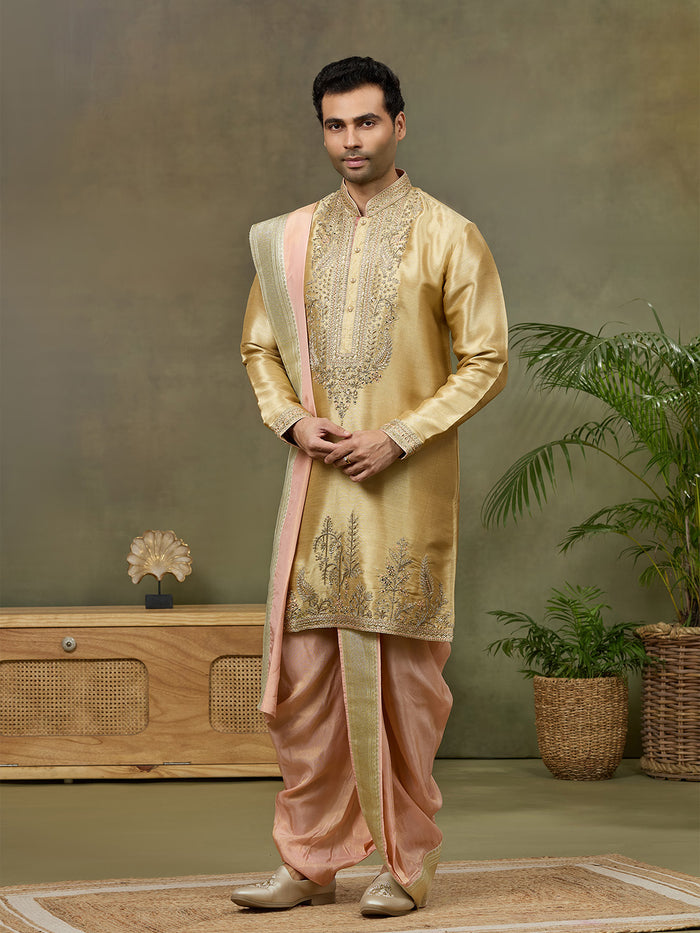 Gold Tissue Silk Zari & Mirror Work Kurta Set with Peach Dhoti & Dupatta