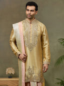 Gold Tissue Silk Zari & Mirror Work Kurta Set with Peach Dhoti & Dupatta