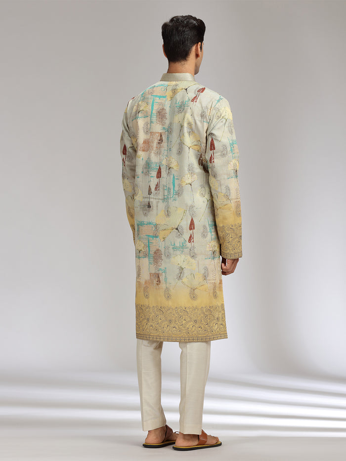 Pista Tissue Silk Embroidered & Printed Kurta Set with Cream Aligarhi Bottom - KORANM