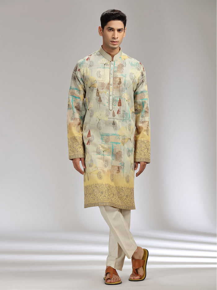 Pista Tissue Silk Embroidered & Printed Kurta Set with Cream Aligarhi Bottom - KORANM