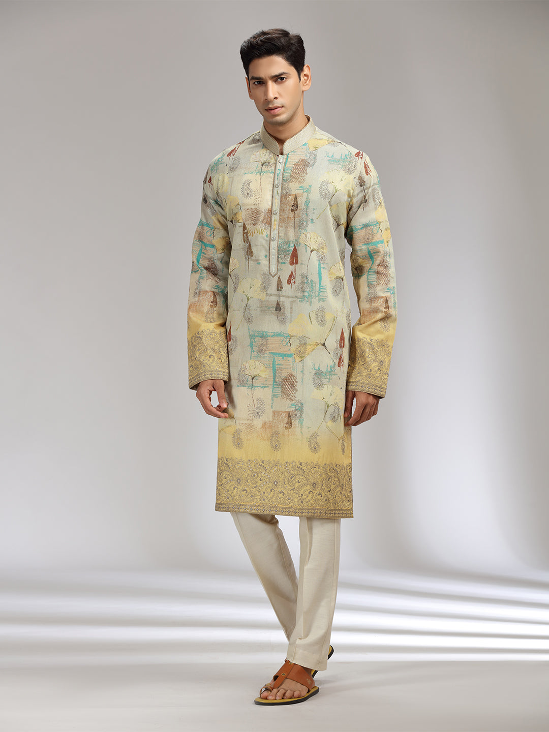 Pista Tissue Silk Embroidered & Printed Kurta Set with Cream Aligarhi Bottom - KORANM
