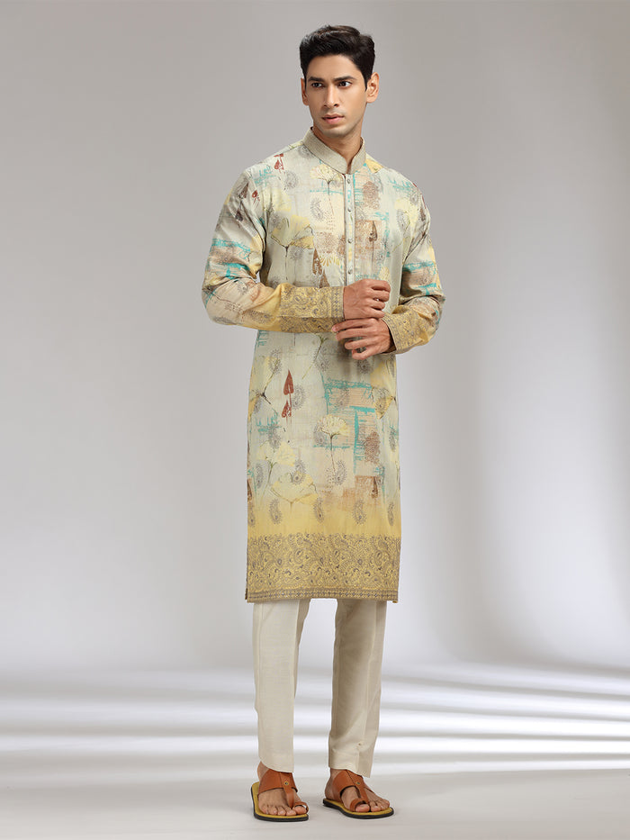 Pista Tissue Silk Embroidered & Printed Kurta Set with Cream Aligarhi Bottom - KORANM
