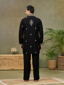 Black Embroidered Mandarin Collar Kurta Set with Palazzo Pant