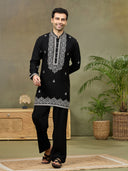 Black Embroidered Mandarin Collar Kurta Set with Palazzo Pant