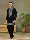 Black Embroidered Mandarin Collar Kurta Set with Palazzo Pant