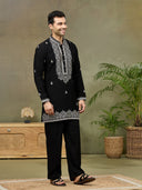 Black Embroidered Mandarin Collar Kurta Set with Palazzo Pant