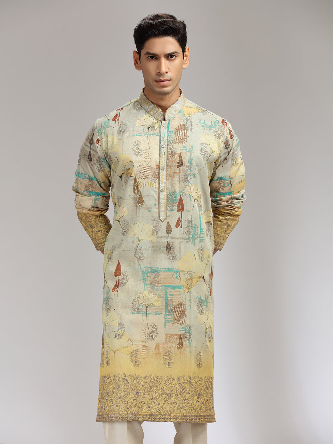 Pista Tissue Silk Embroidered & Printed Kurta Set with Cream Aligarhi Bottom - KORANM