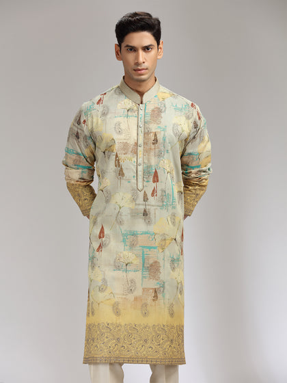 Pista Tissue Silk Embroidered & Printed Kurta Set with Cream Aligarhi Bottom