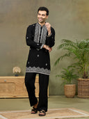 Black Embroidered Mandarin Collar Kurta Set with Palazzo Pant