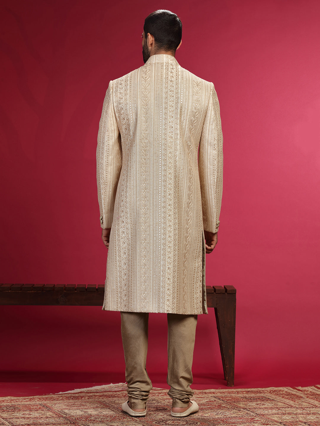 Sherwani Set with Zari Work and Churidar Dupatta.