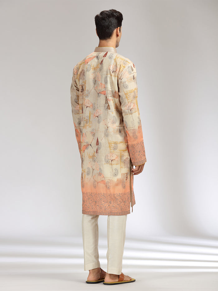 Fawn Tissue Silk Embroidered & Printed Kurta Set - KORANM