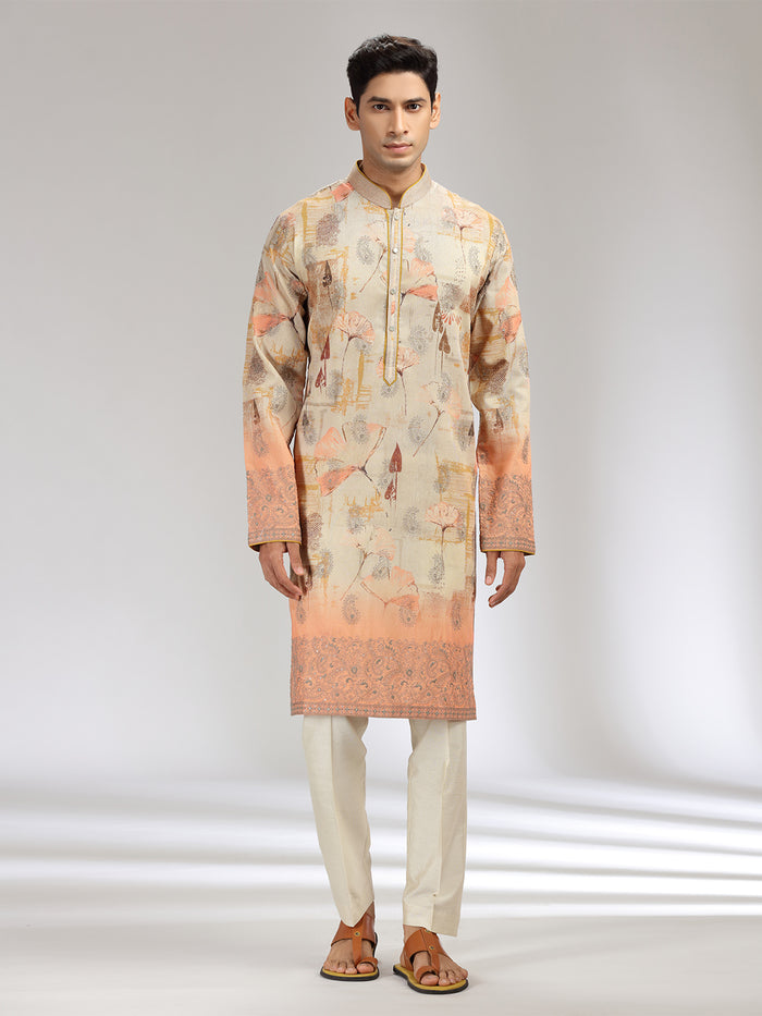 Fawn Tissue Silk Embroidered & Printed Kurta Set - KORANM