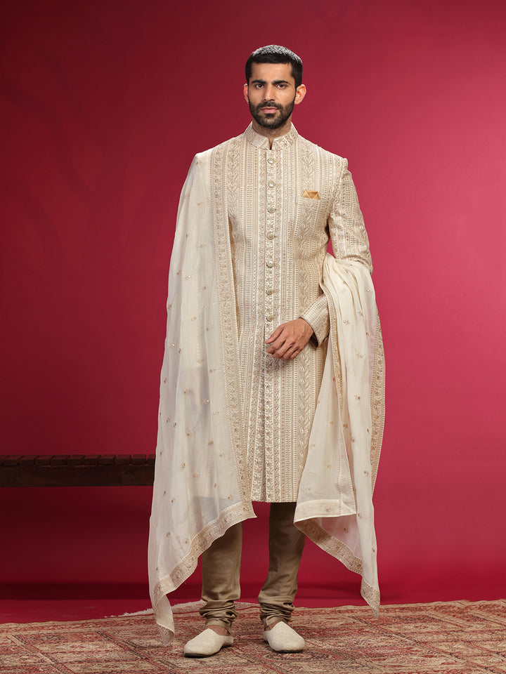 Sherwani Set with Zari Work and Churidar Dupatta.