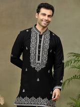 Black Embroidered Mandarin Collar Kurta Set with Palazzo Pant - KORANM