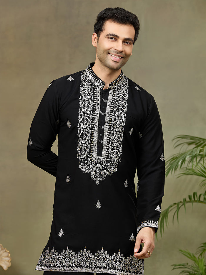 Black Embroidered Mandarin Collar Kurta Set with Palazzo Pant