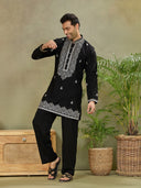 Black Embroidered Mandarin Collar Kurta Set with Palazzo Pant