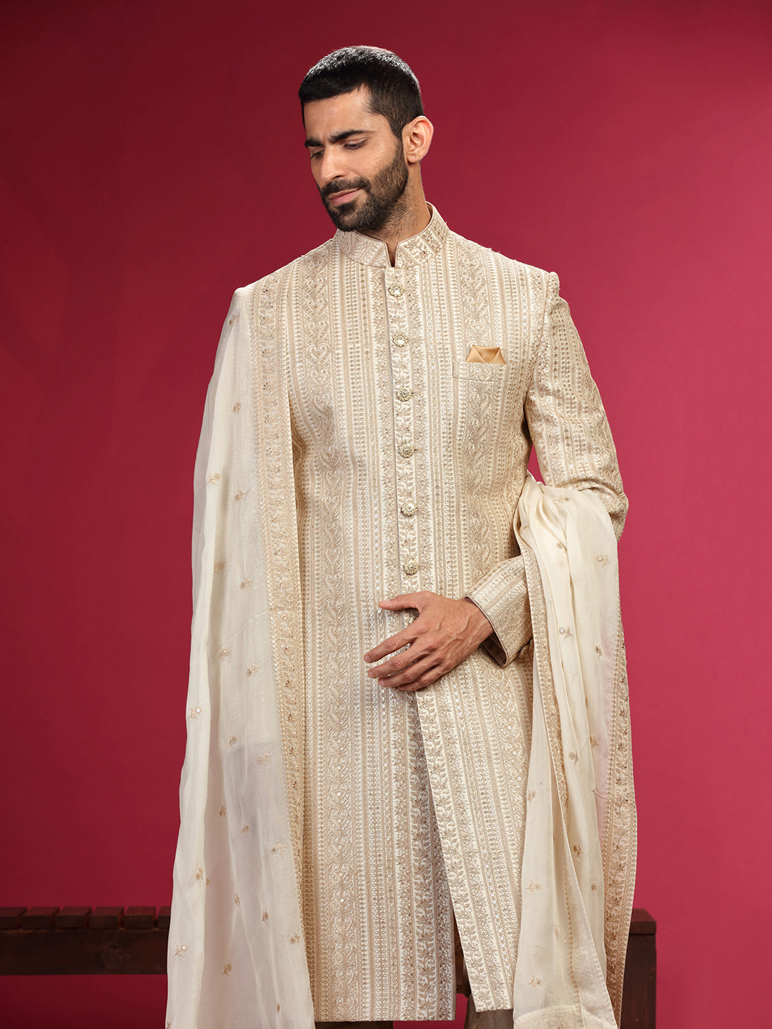 Sherwani Set with Zari Work and Churidar Dupatta.