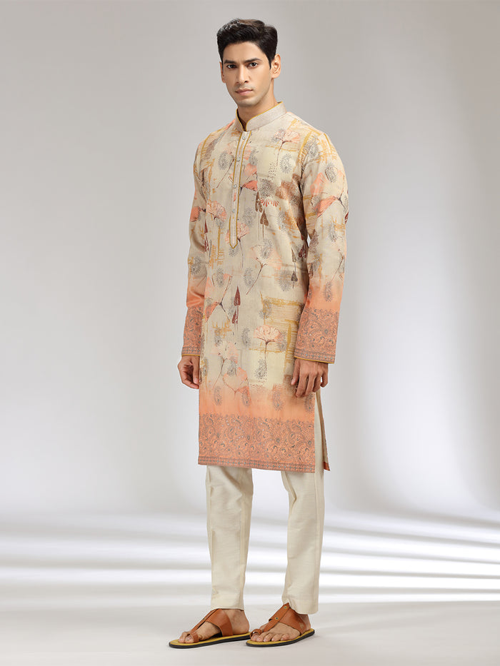 Fawn Tissue Silk Embroidered & Printed Kurta Set - KORANM