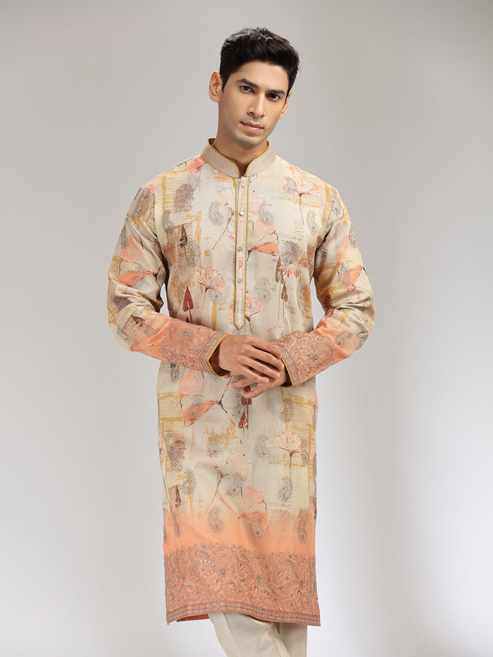 Fawn Tissue Silk Embroidered & Printed Kurta Set - KORANM