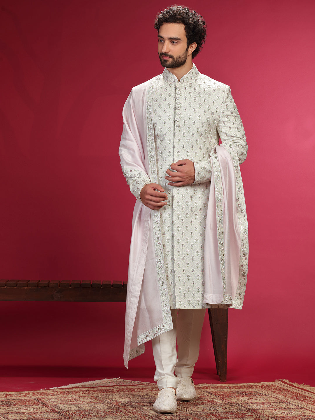 Sherwani Set with Hand Highlight and Churidar Dupatta.