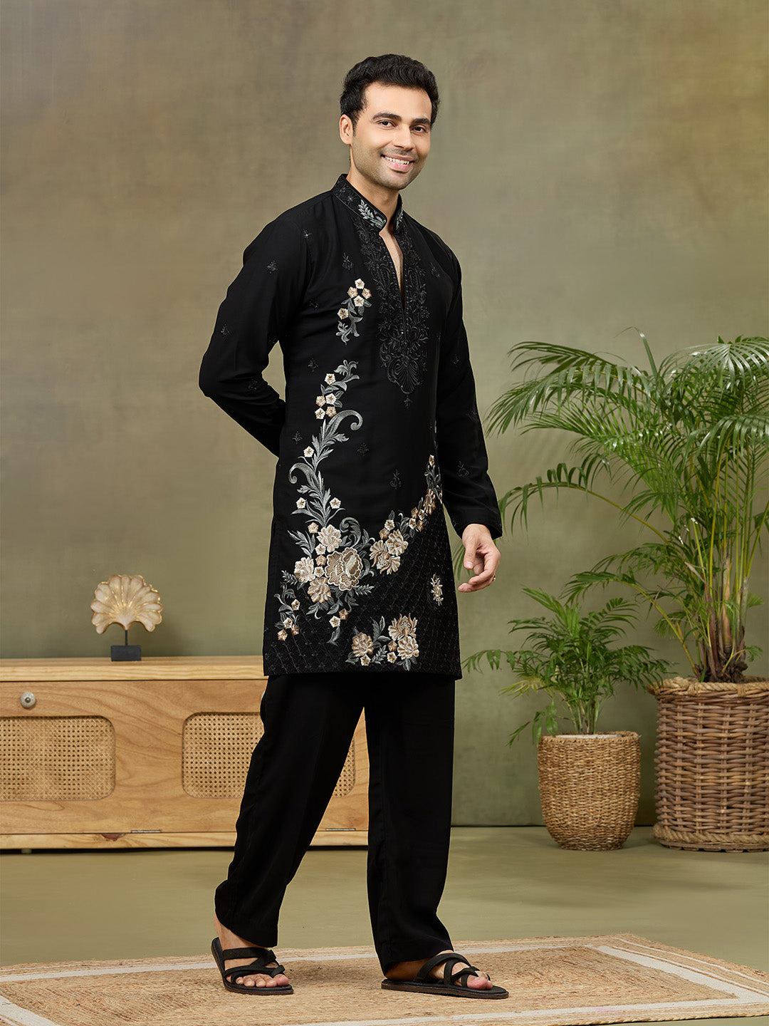 Black Embroidered Kurta with Palazzo Pant - KORANM