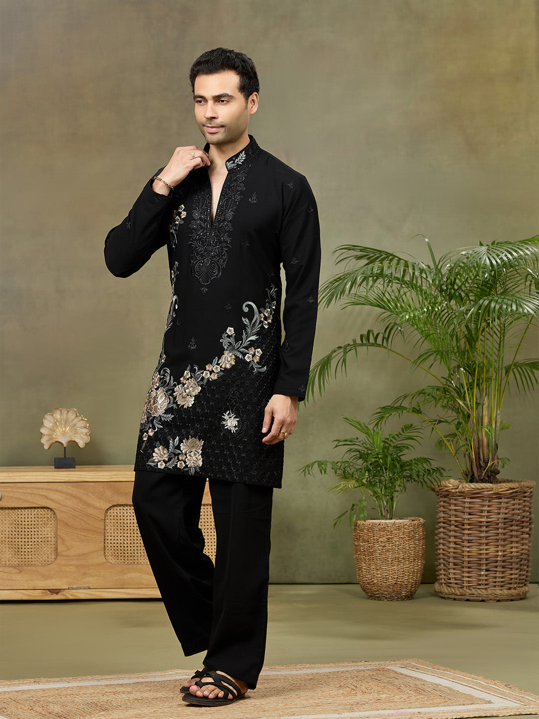Black Embroidered Kurta with Palazzo Pant - KORANM