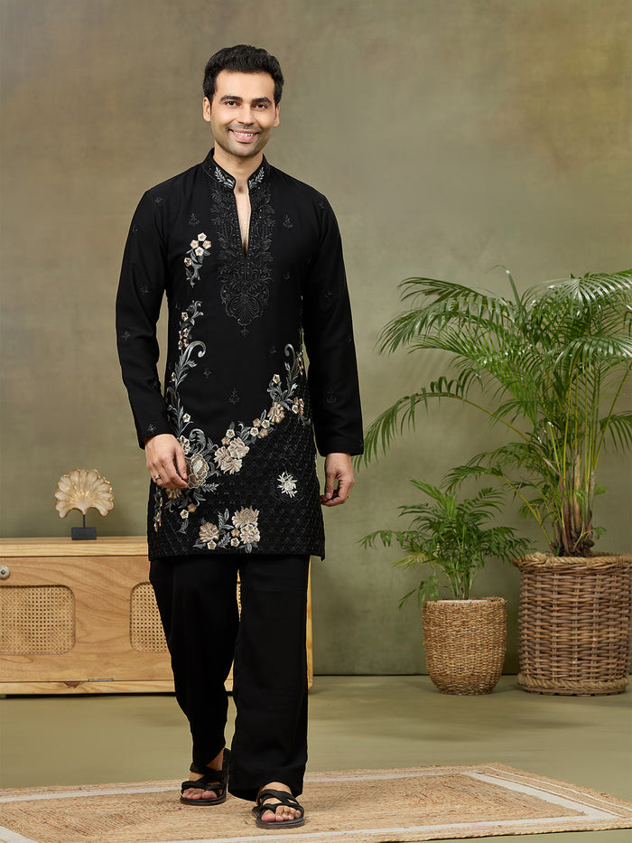 Black Embroidered Kurta with Palazzo Pant - KORANM