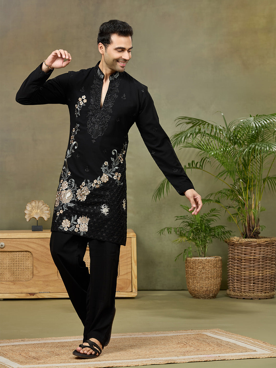 Black Embroidered Kurta with Palazzo Pant - KORANM