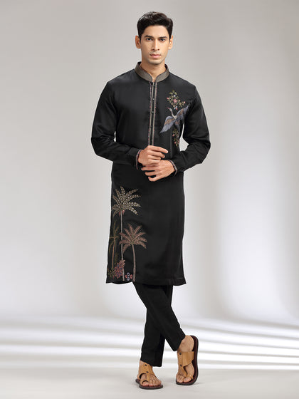 Black Tissue Silk Embroidered Kurta Set