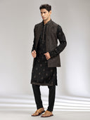 Black Satin Linen Embroidered Bandi Kurta Set