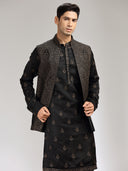 Black Satin Linen Embroidered Bandi Kurta Set