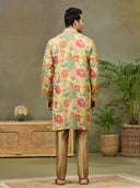 Fawn Printed Kurta with Aligarhi Pant