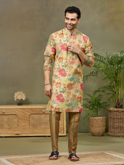 Fawn Printed Kurta with Aligarhi Pant