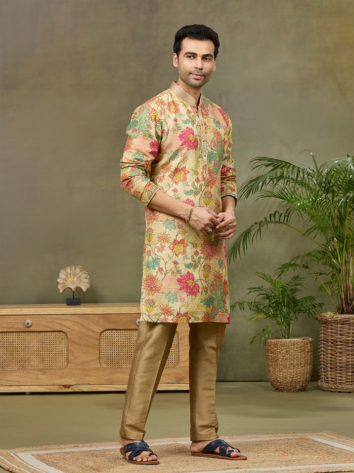 Fawn Printed Kurta with Aligarhi Pant