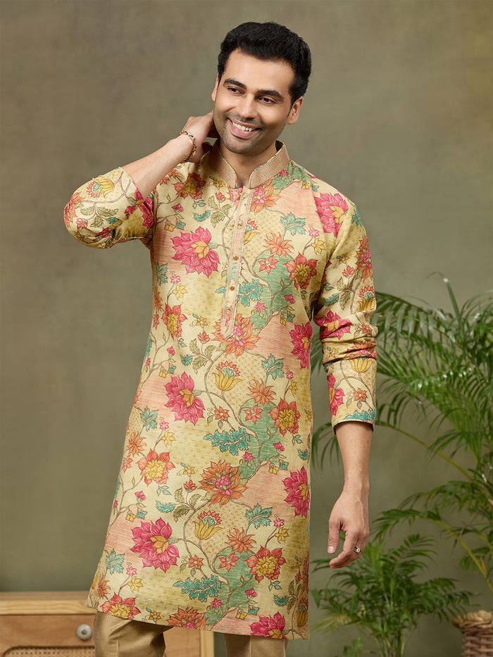Fawn Printed Kurta with Aligarhi Pant