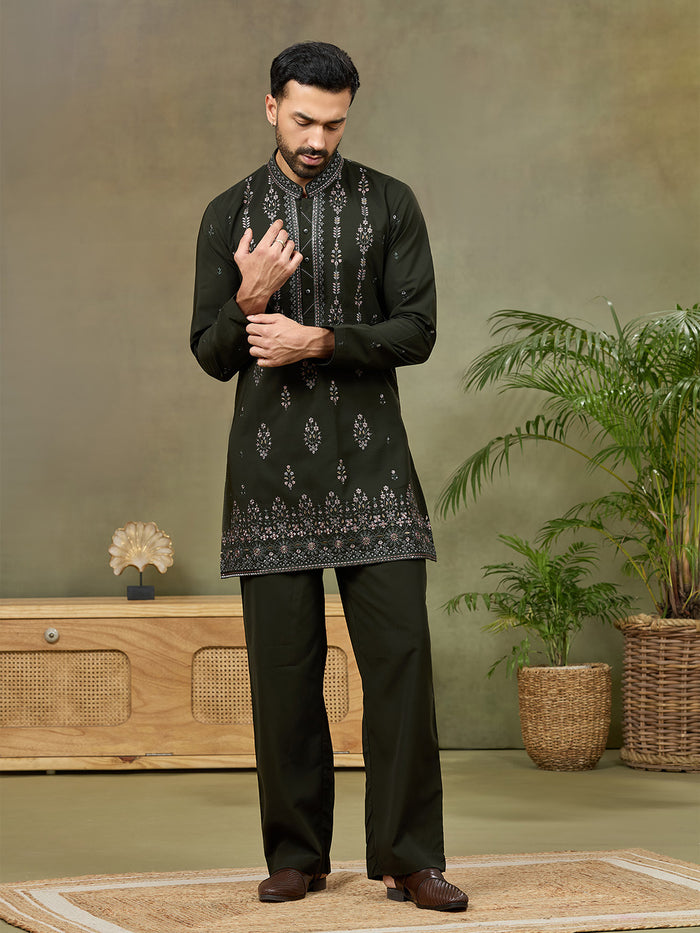 Bottle Green Embroidered Kurta with Palazzo Pant