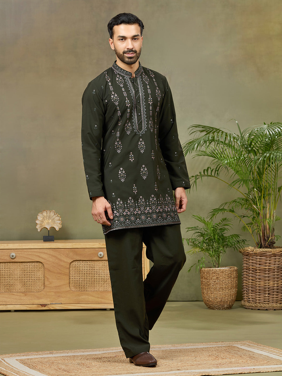 Bottle Green Embroidered Kurta with Palazzo Pant - KORANM