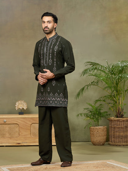 Bottle Green Embroidered Kurta with Palazzo Pant