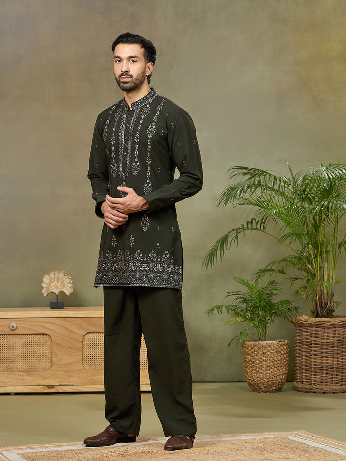 Bottle Green Embroidered Kurta with Palazzo Pant