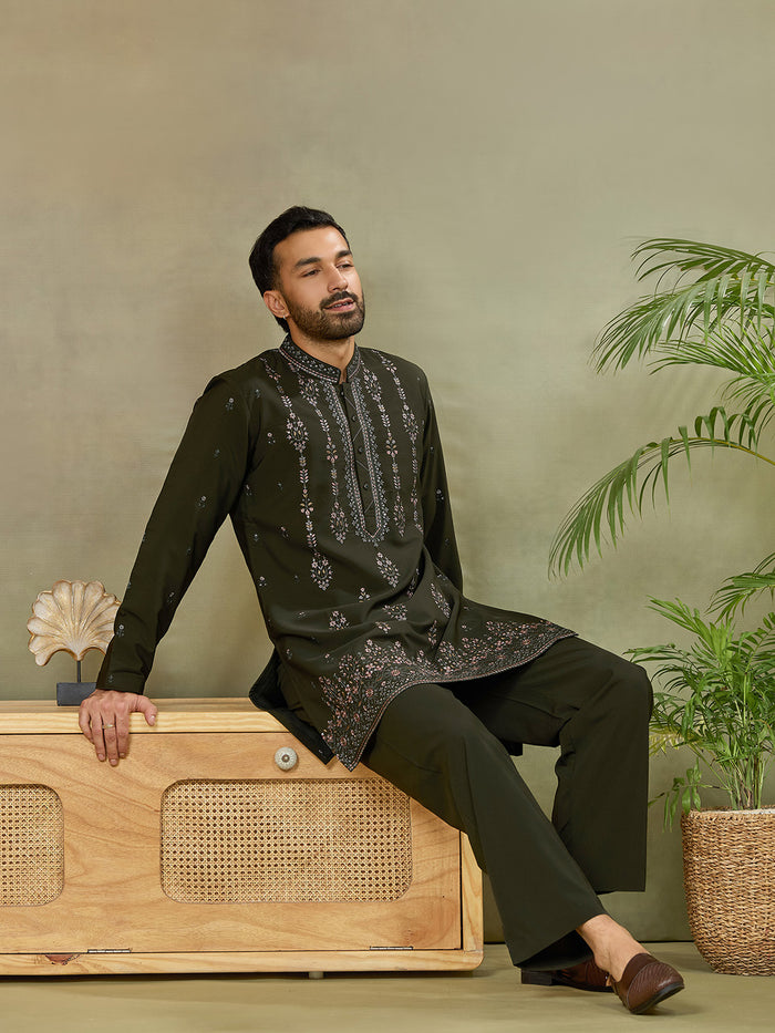 Bottle Green Embroidered Kurta with Palazzo Pant