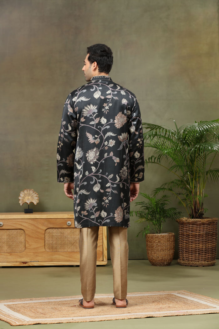Black Silk Kurta with Antique Aligarhi Pant