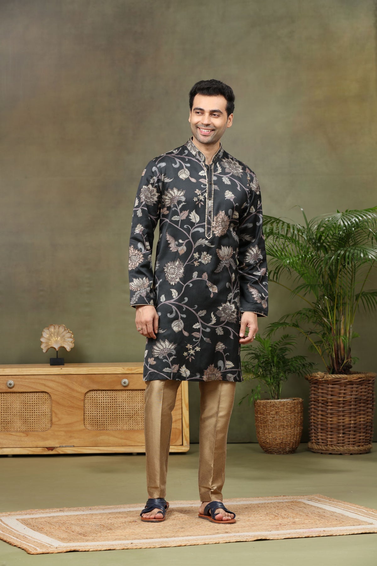 Black Silk Kurta with Antique Aligarhi Pant - KORANM
