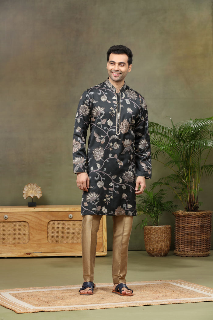 Black Silk Kurta with Antique Aligarhi Pant