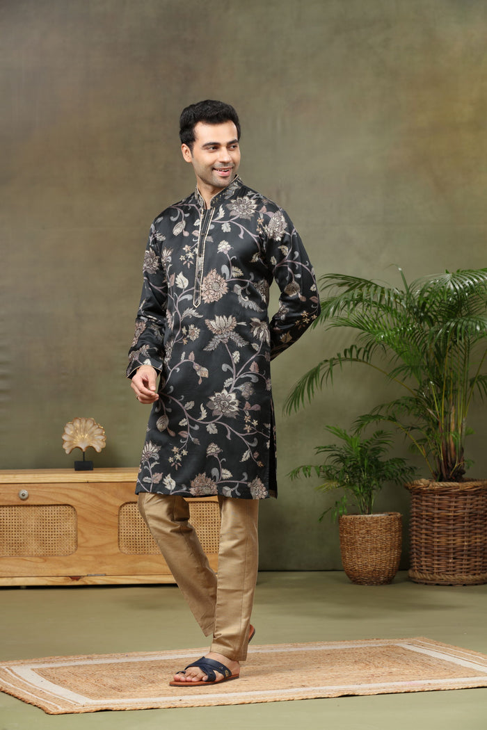 Black Silk Kurta with Antique Aligarhi Pant