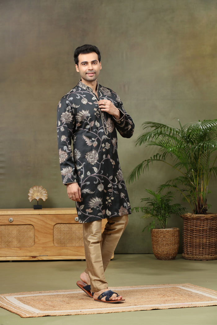Black Silk Kurta with Antique Aligarhi Pant
