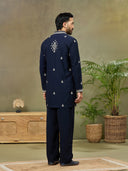 Navy Silk Embroidered Kurta with Plazzo Pant - KORANM