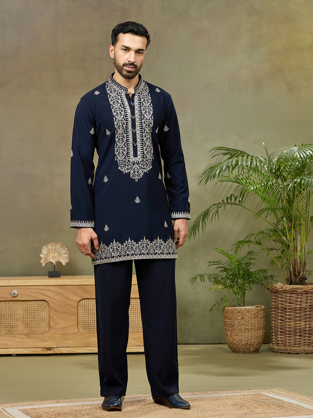 Navy Silk Embroidered Kurta with Plazzo Pant - KORANM