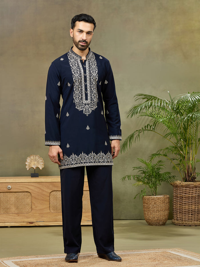 Navy Silk Embroidered Kurta with Plazzo Pant - KORANM
